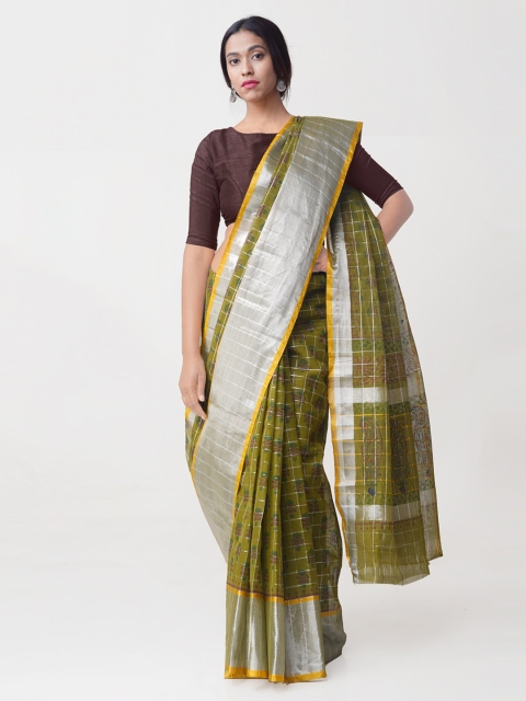 

Unnati Silks Green & Silver Checked Pure Handloom Mangalagiri Cotton Saree