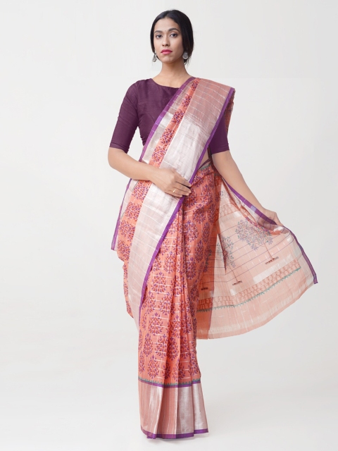 

Unnati Silks Peach & Silver Checked Pure Handloom Mangalagiri Cotton Saree