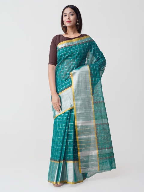 

Unnati Silks Sea Green & Yellow Pure Cotton Printed Handloom Sustainable Mangalagiri Saree