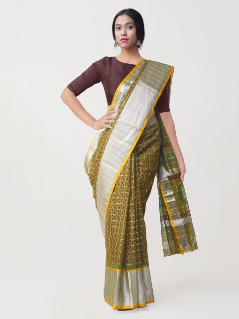 

Unnati Silks Olive Green Pure Handloom Mangalagiri Cotton Checked Saree