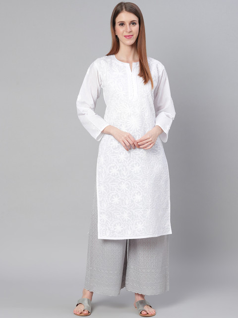 

Saadgi Women White Handloom Chikankari Floral Embroidered Straight Kurta