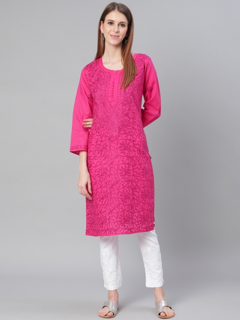 

Saadgi Women Magenta Aari Embroidered Handloom Straight Kurta