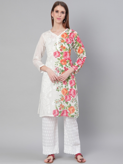 

Saadgi Women White & Pink Handloom Chikankari Floral Embroidered Straight Kurta
