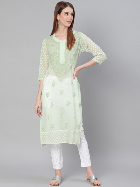 

Saadgi Women Pista Green Handloom Chikankari Embroidered Straight Kurta