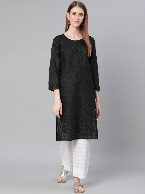 

Saadgi Women Black Handloom Chikankari Embroidered Straight Kurta