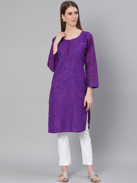 

Saadgi Women Purple Aari Embroidered Handloom Straight Kurta