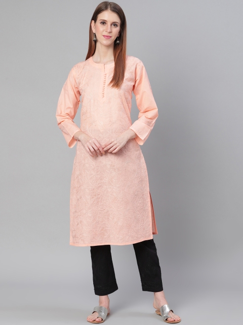 

Saadgi Women Peach-Coloured Aari Embroidered Handloom Straight Kurta