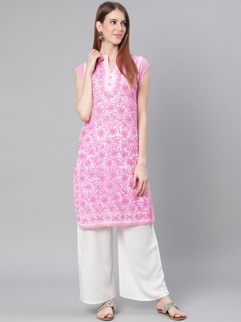 

Saadgi Women Pink Aari Embroidered Handloom Sheer Straight Kurta