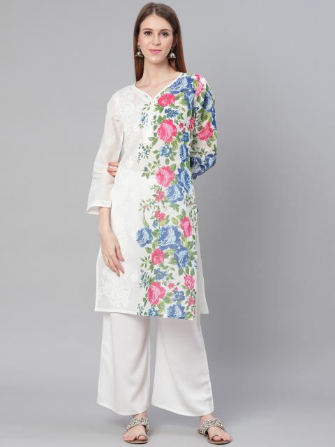 

Saadgi Women White & Pink Chikankari Floral Hand Embroidered Handloom Straight Kurta