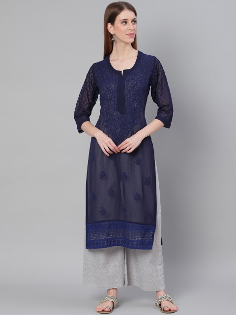 

Saadgi Women Navy Blue Chikankari Embroidered Handloom Sheer Straight Kurta
