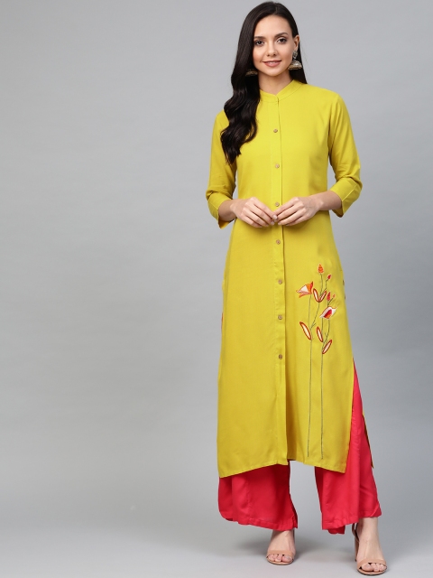 

Aprique FAB Women Lime Green Solid Straight Kurta with Embroidered Detail