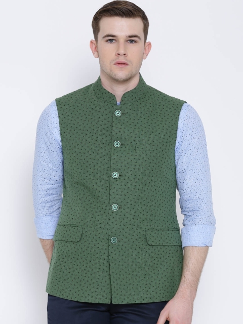 

Van Heusen Green Linen Printed Nehru Jacket