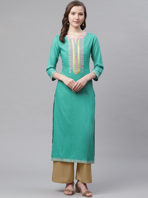 

Aprique FAB Women Sea Green Yoke Design Embroidered Straight Kurta