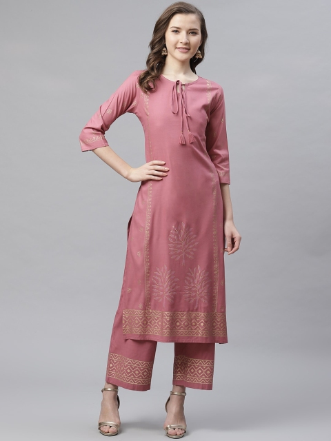 

Aprique FAB Women Pink & Golden Block Print Kurta with Palazzos
