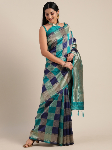 

Mitera Blue Silk Blend Checked Kanjeevaram Saree