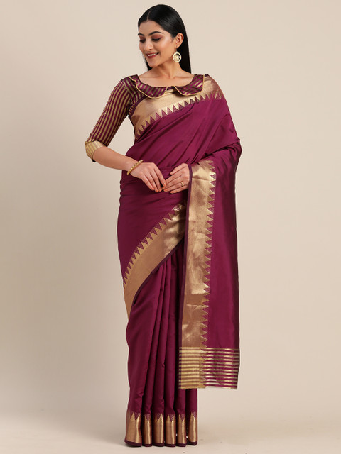 

Mitera Maroon Silk Blend Solid Kanjeevaram Saree