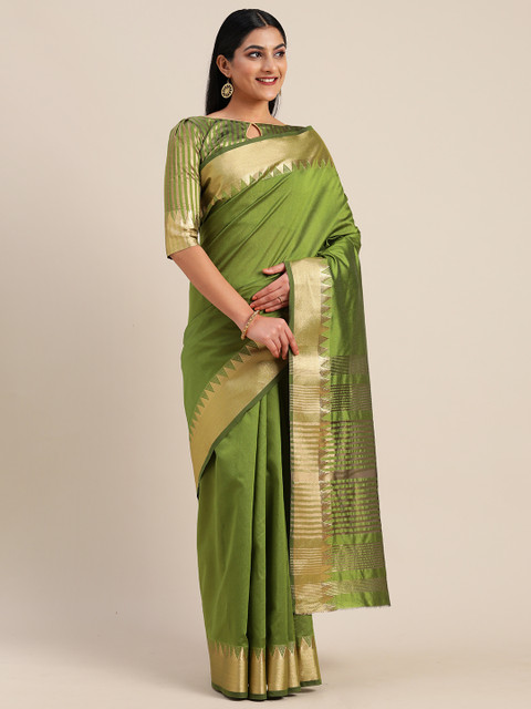

Mitera Olive Green Silk Blend Solid Kanjeevaram Saree