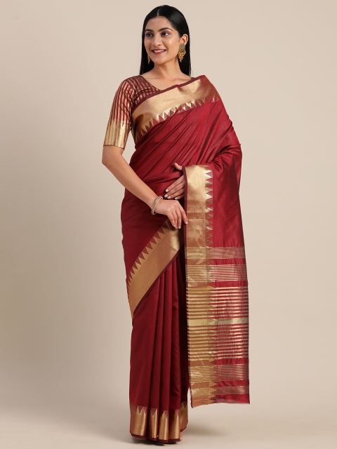 

Mitera Maroon & Gold-Toned Silk Blend Solid Kanjeevaram Saree