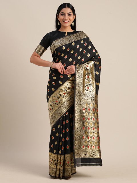 

Mitera Black & Gold-Toned Silk Blend Woven Design Kanjeevaram Saree