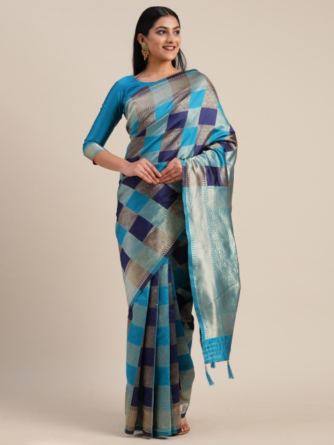 

Mitera Navy Blue Silk Blend Checked Kanjeevaram Saree