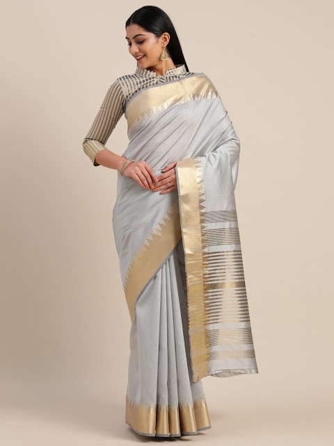 

Mitera Grey & Golden Silk Blend Solid Saree