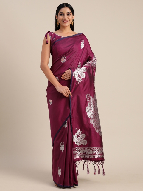 

Mitera Purple & Silver-Toned Silk Blend Woven Design Kanjeevaram Saree