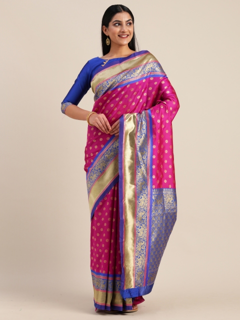 

Mitera Pink & Gold-Toned Silk Blend Woven Design Kanjeevaram Saree