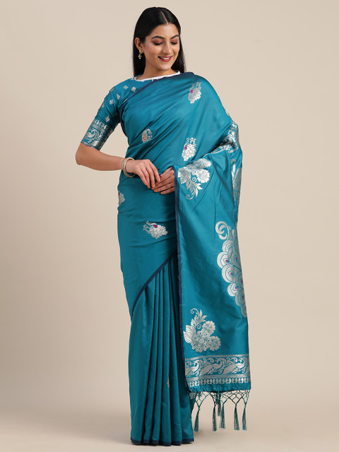 

Mitera Teal Blue & Silver-Coloured Silk Blend Woven Design Kanjeevaram Saree