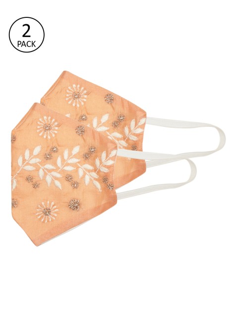 

ADA Women Pack of 2 Peach-Coloured & White Hand Embroidered Reusable Outdoor Cloth Masks
