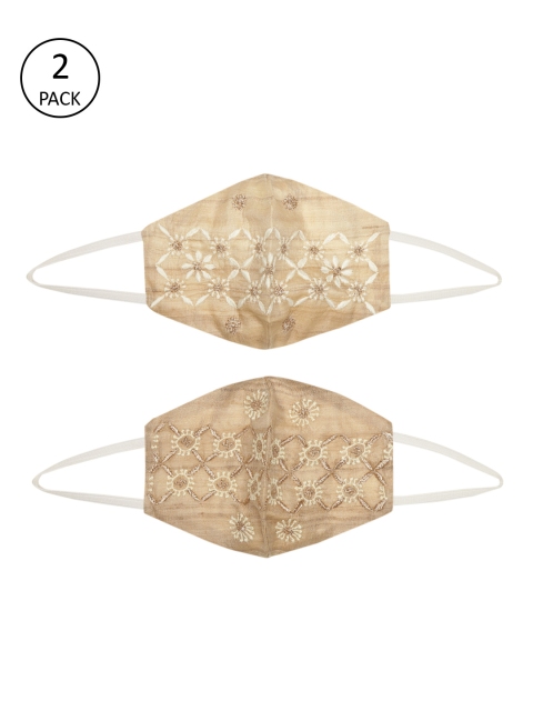 

ADA Women Pack of 2 Beige & White Hand Embroidered Reusable Outdoor Cloth Masks