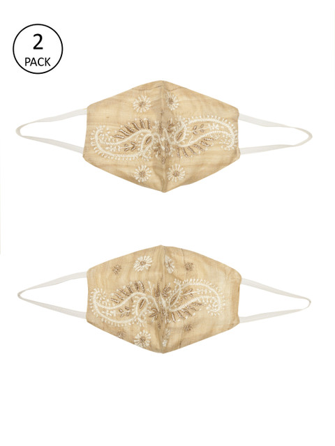 

ADA Women Pack of 2 Beige & White 2 Ply Hand Embroidered Reusable Outdoor Cloth Masks