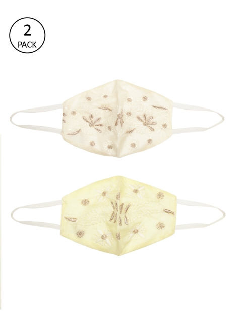 

Ada Women 2 Pcs Cream-Coloured & Golden 2 Ply Hand Embroidered Reusable Cloth Sustainable Masks