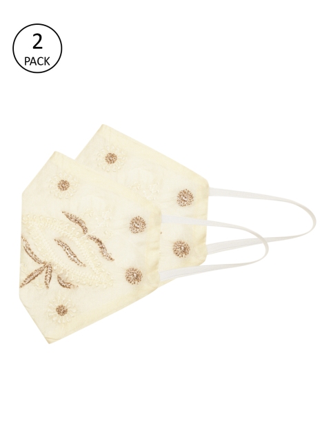 

Ada Women 2 Pcs Cream-Coloured 2 Ply Hand Embroidered Reusable Outdoor Cloth Masks