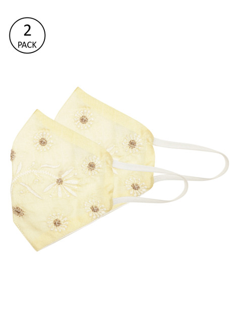 

Ada Women Pack of 2 Cream-Coloured & Gold Hand Embroidered Reusable Outdoor Cloth Masks
