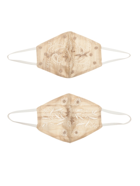 

Ada Women Pack of 2 Beige & White Hand Embroidered Reusable Outdoor Cloth Sustainable Masks