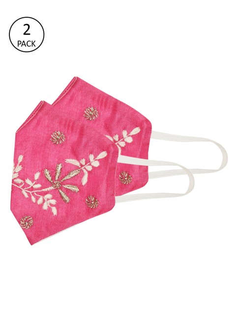 

ADA Women Pack of 2 Pink & White Hand Embroidered Reusable Outdoor Cloth Masks