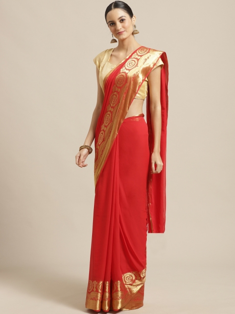 

Saree mall Coral Red & Golden Solid Saree