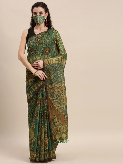 

aamna Green & Brown Silk Cotton Printed Chanderi Saree with Mask