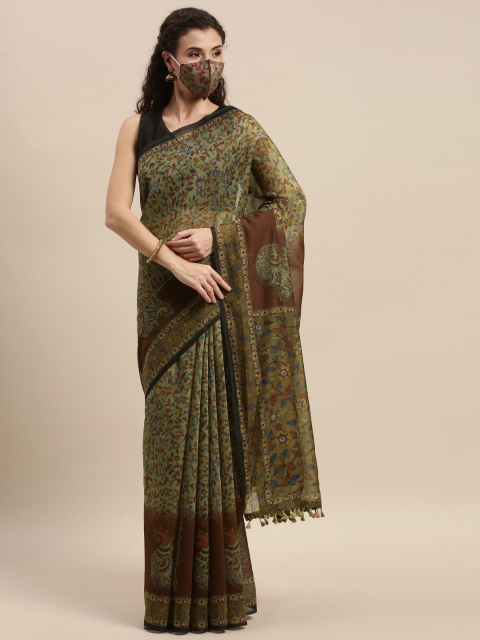 

aamna Green Beige Silk Cotton Printed Chanderi Saree