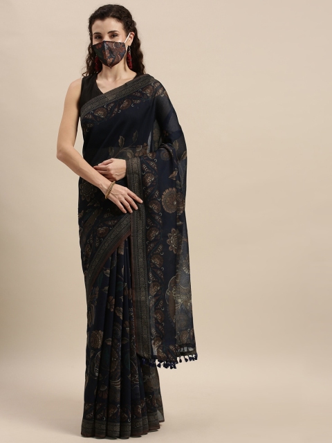 

aamna Navy Blue & Beige Silk Cotton Printed Chanderi Saree with Mask