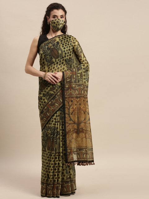 

aamna Green Beige Silk Cotton Printed Chanderi Saree