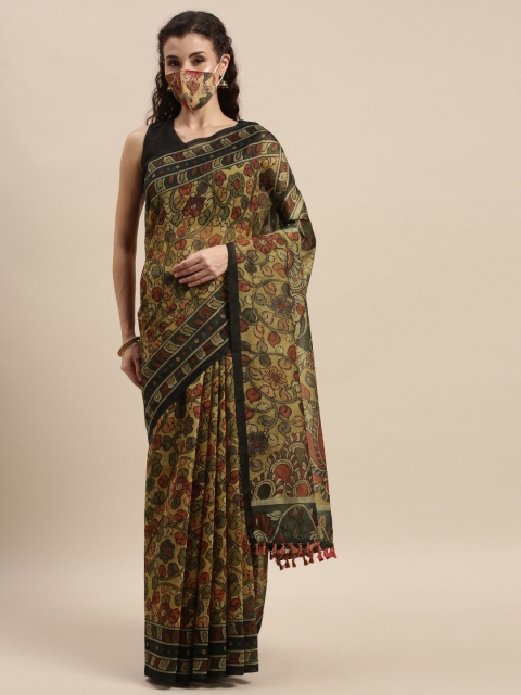 

aamna Green & Grey Silk Cotton Printed Chanderi Saree with Mask
