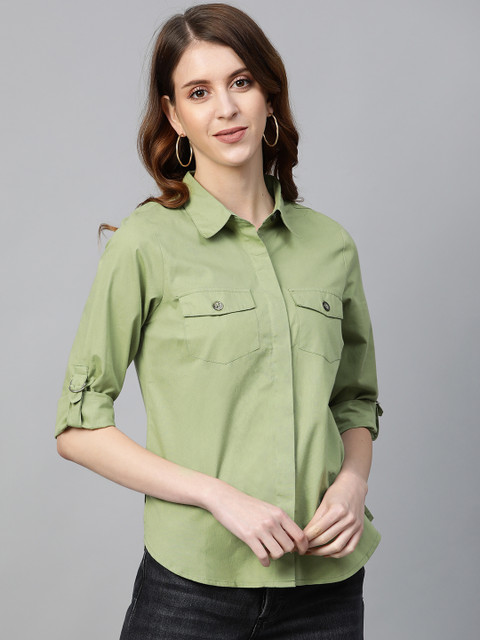 

plusS Women Green Regular Fit Solid Casual Shirt