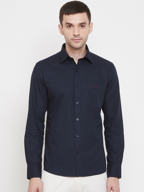 

Crimsoune Club Men Navy Blue Slim Fit Self Design Anti-Viral Casual Shirt