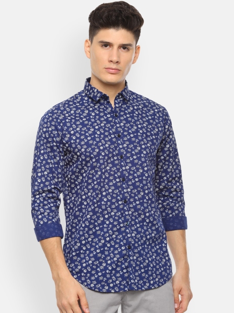 

V Dot Men Navy Blue & White Slim Fit Printed Casual Shirt