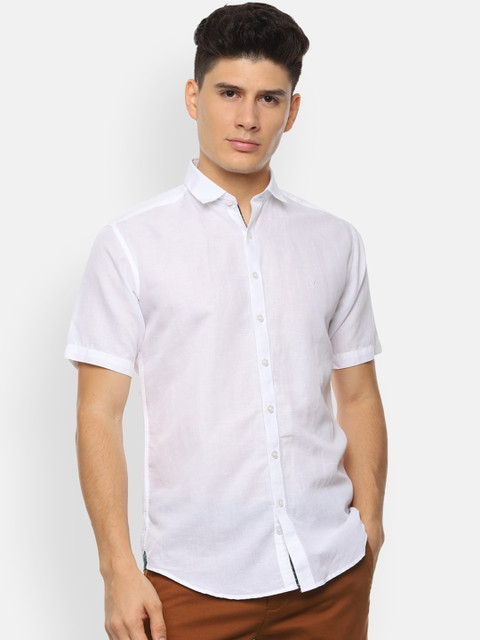 

V Dot Men White Slim Fit Solid Linen Casual Shirt