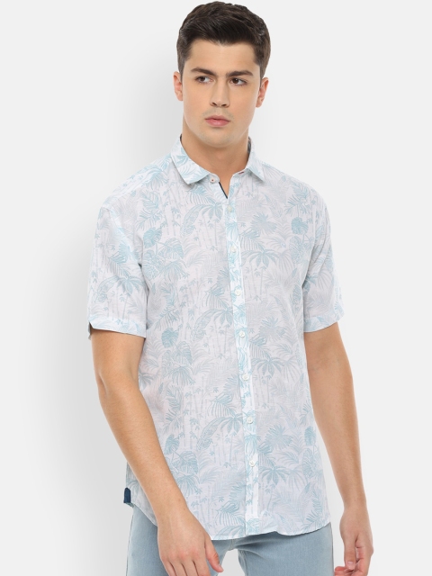 

V Dot Men White & Blue Slim Fit Printed Linen Casual Shirt