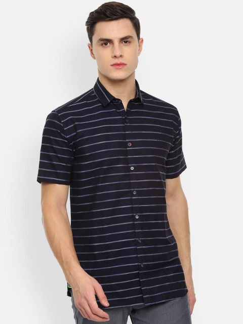 

V Dot Men Navy Blue Slim Fit Striped Casual Shirt