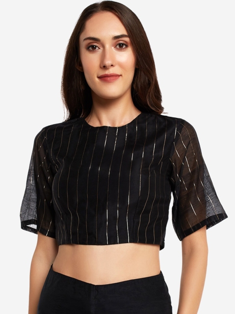 

Desi Weavess Women Black & Silver-Coloured Striped Zari Saree Blouse