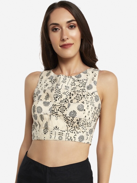 

Desi Weavess Women Off-White & Black Patchwork Recycled Backless Saree Blouse